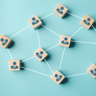 Connected blocks on a blue background