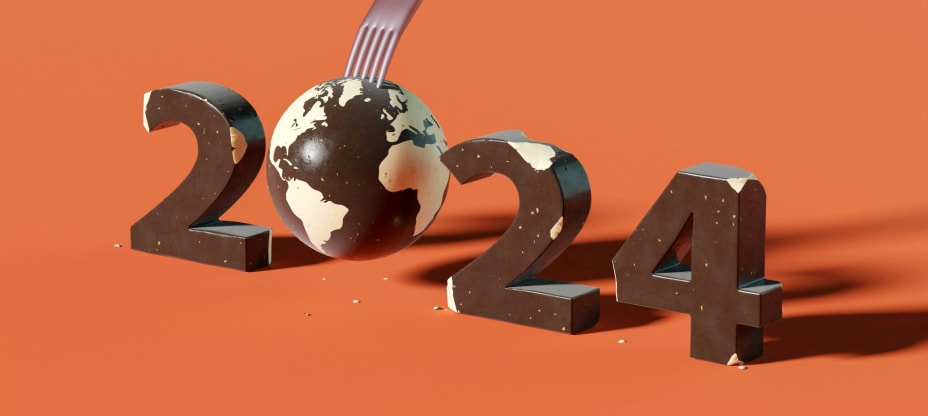 Year 2024 on orange background with world