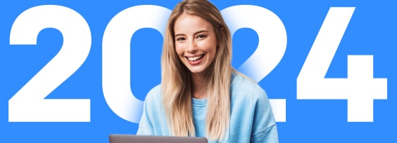 a young woman typing on a computer, 2023 in the background