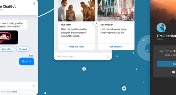The chatbot widgets presenting conversations on a blue background