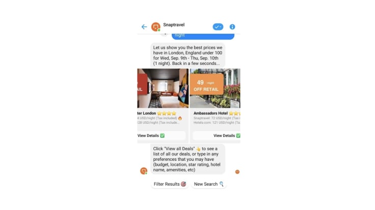Snaptravel chatbot on Messenger