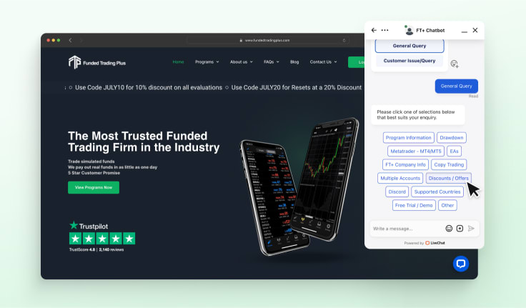 Funded Trading Plus website with ChatBot's Chat Widget