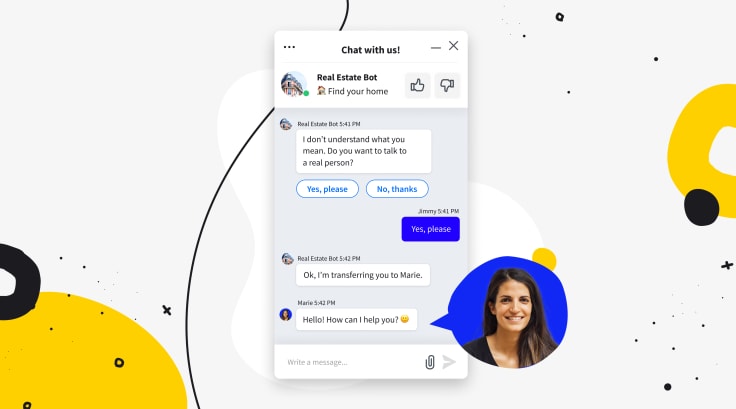 Chatbot the offers a transfer to a human support agent