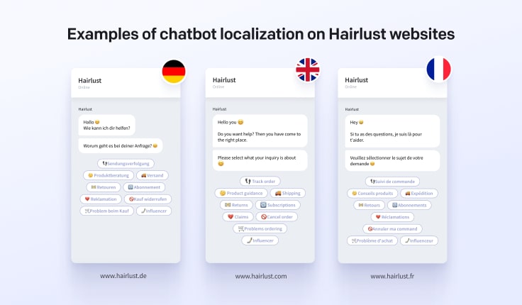 Examples of localized chatbot widgets from hairlust.com websites: hairlust.de, hairlust.com and hairlust.fr