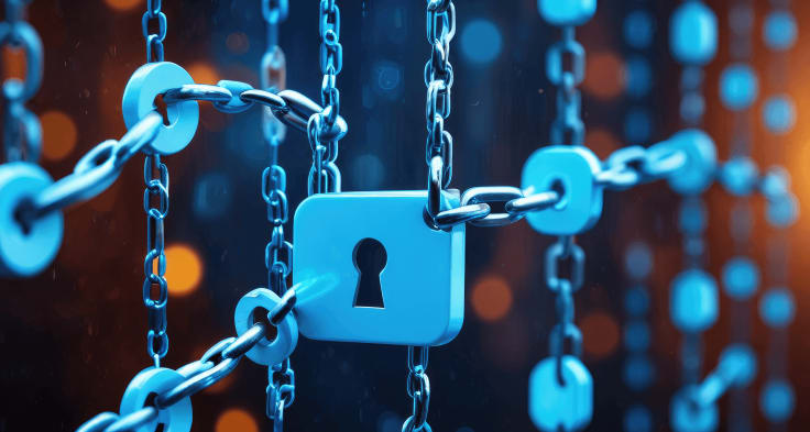 Close-up image of interlinked metal chains and a padlock symbolizing cybersecurity and data protection.