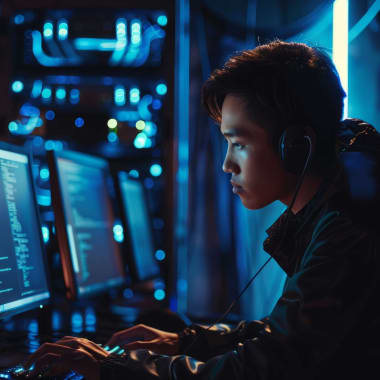 A person focused on coding at multiple computer screens.