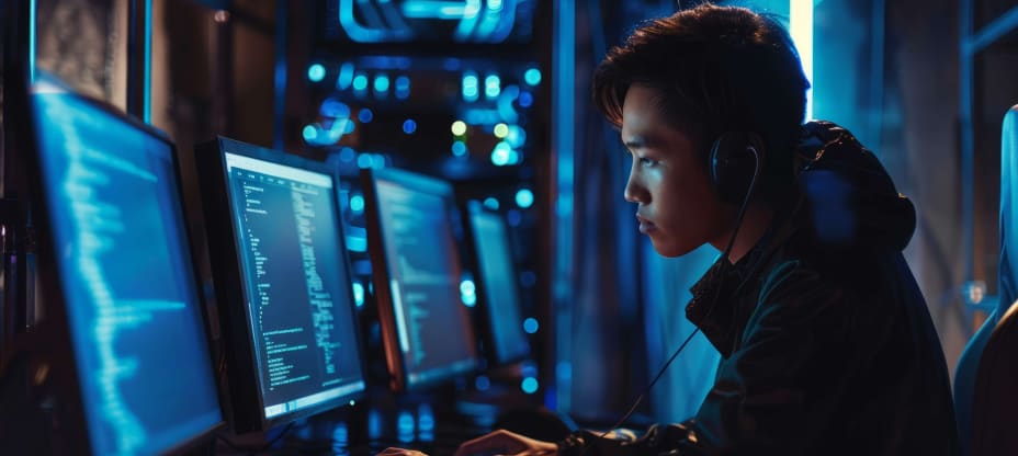 A person focused on coding at multiple computer screens.