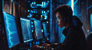 A person focused on coding at multiple computer screens.