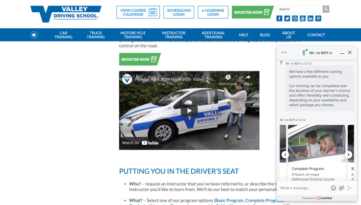 Valley Driving School chatbot promoting their courses