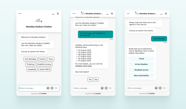 Wembley Stadium chat widget examples.