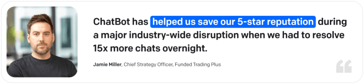 Jamie Miller, Chief Strategy Officer, Funded Trading Plus: "ChatBot has helped us save our 5-star reputation during a major industry-wide disruption when we had to resolve 15x more chats overnight."