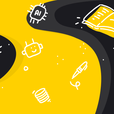Books and chatbots on a black and yellow background