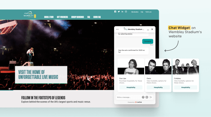 Wembley Stadium website with LiveChat and ChatBot widget.